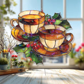 Holiday Tea Cup Acrylic Suncatcher, Festive Holly & Berries Window Decor, Cozy Christmas Coffee Cup Stained Glass Style Gift